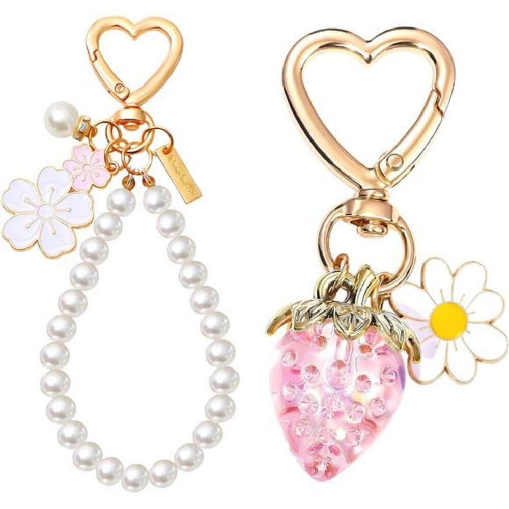 Strawberry keychain flower cherry blossom bag charm cute car key accessory set